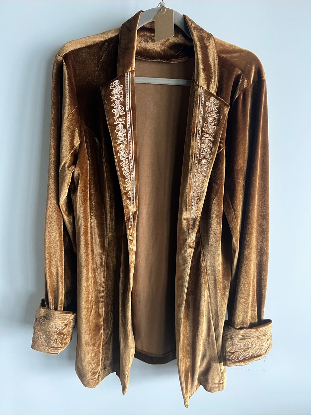 Velvet Embroidered Open-Front Jacket - Brown